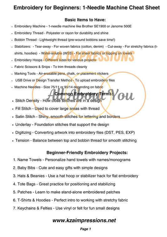 Beginning Embroidery Cheat Sheet