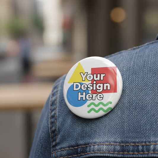 Custom 3-inch pin-back button pinned on denim jacket fabric
