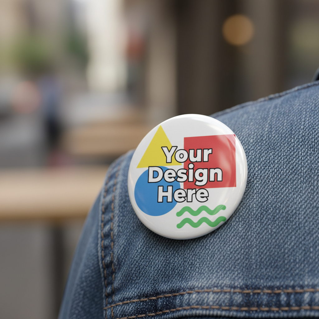 Custom 3-inch pin-back button pinned on denim jacket fabric