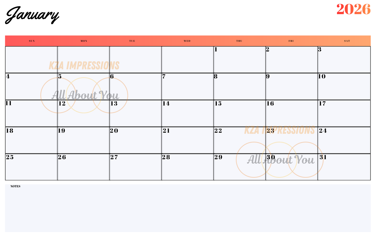 2026 Printable Calendar with Notes - 8x5 Instant Download