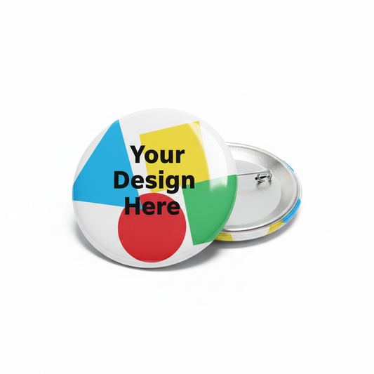 Custom 3-inch pin-back button on white background with sample placeholder design