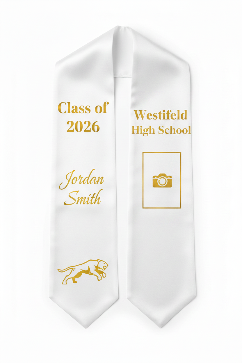 White graduation stole with gold DTF print showing Class of 2026, name, cougar mascot, school name and photo spot