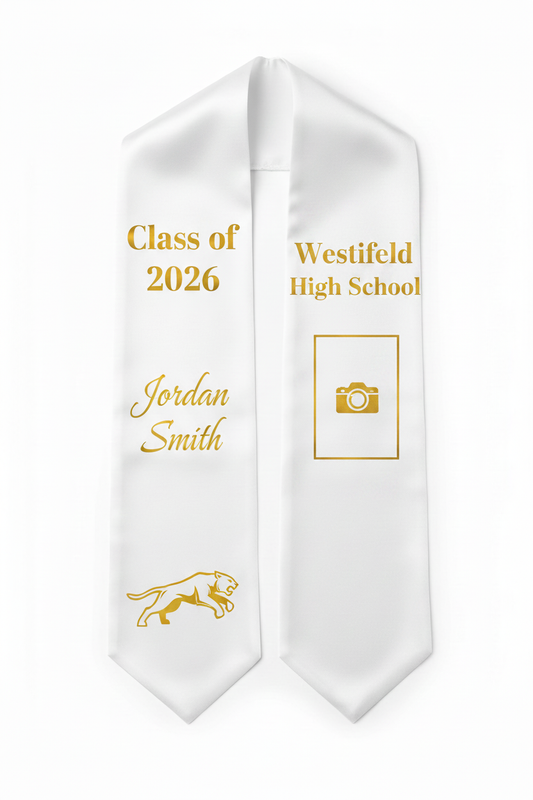 White graduation stole with gold DTF print showing Class of 2026, name, cougar mascot, school name and photo spot